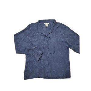 Anne Carson Women's L Navy Button Up Top 100% Silk Bell Tie Collar Long Sleeve
